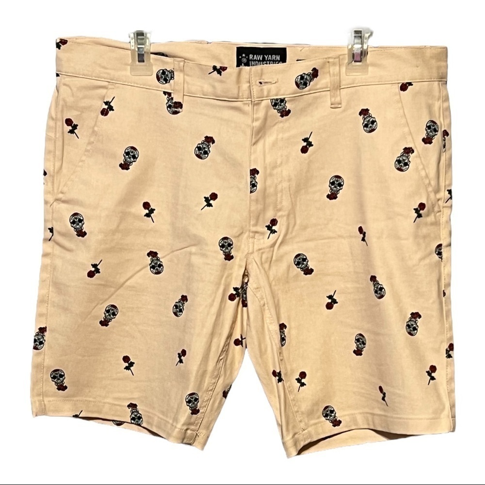 Raw Yarn Industries Roses & Skulls Stretch Twill Shorts Pale Pink Casual Grunge